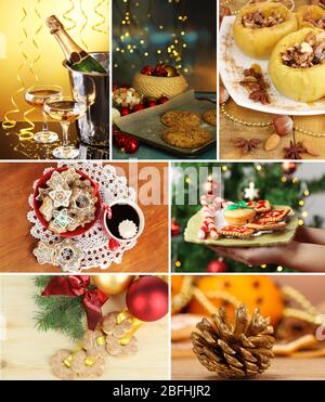 Weihnachtscollage mit leckeren Speisen, Getränken und Dekorationen Stockfoto