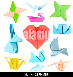 Collage aus verschiedenen Origami-Papiere isoliert auf weiß Stockfoto