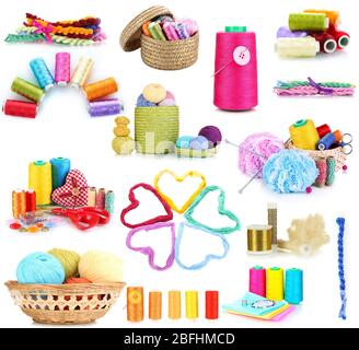 Collage aus mehrfarbigen Fäden isoliert auf weiß Stockfoto