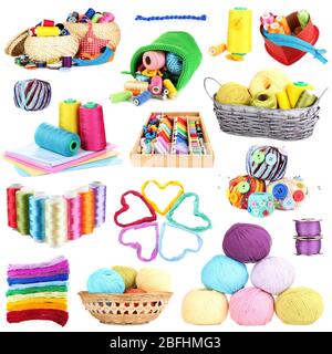 Collage aus mehrfarbigen Fäden isoliert auf weiß Stockfoto