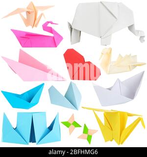 Collage aus verschiedenen Origami-Papiere isoliert auf weiß Stockfoto