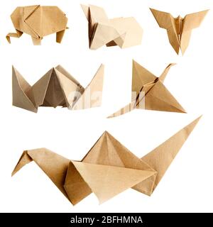 Collage aus verschiedenen Origami-Papiere isoliert auf weiß Stockfoto