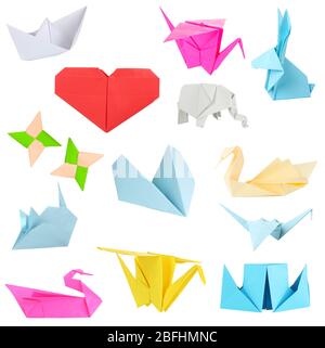 Collage aus verschiedenen Origami-Papiere isoliert auf weiß Stockfoto