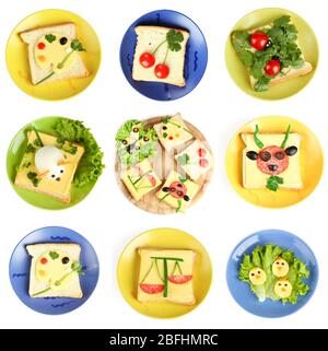 Collage aus Spaß Lebensmittel für Kinder isoliert auf weiß