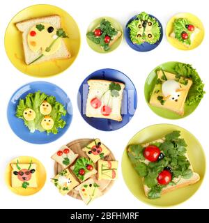 Collage aus Spaß Lebensmittel für Kinder isoliert auf weiß