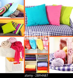 Collage aus Plaids und Farbkissen Stockfoto