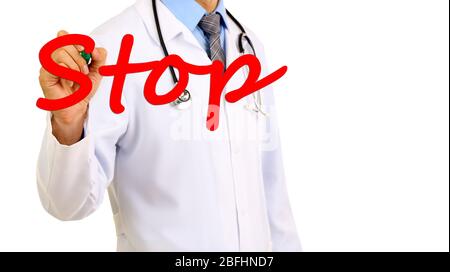 Doktor Schreiben Wort Stop auf transparentem Brett Stockfoto