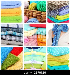 Collage aus Plaids und Farbkissen Stockfoto