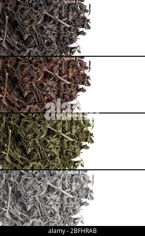 Collage aus aromatischem, trockenem Tee auf Weiß isoliert Stockfoto