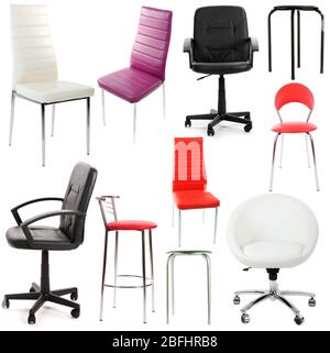 Collage aus verschiedenen Stühlen isoliert auf weiß Stockfoto