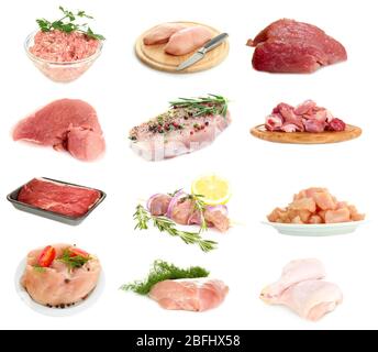Collage aus rohem Fleisch isoliert auf weiß Stockfoto