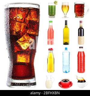 Collage verschiedener Getränke isoliert auf weiß Stockfoto