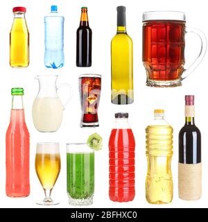 Collage verschiedener Getränke isoliert auf weiß Stockfoto