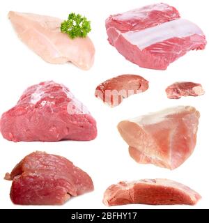 Collage aus rohem Fleisch isoliert auf weiß Stockfoto