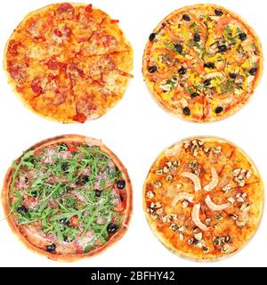 Collage aus verschiedenen Pizza isoliert auf weiß Stockfoto