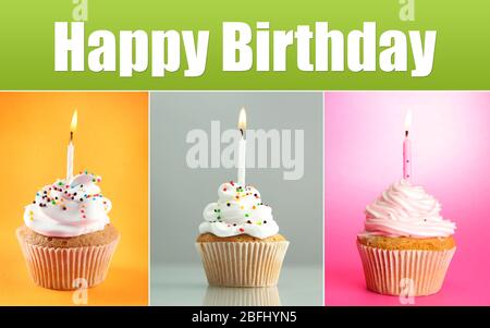 Collage aus köstlichen Cupcakes auf hellem Hintergrund Stockfoto
