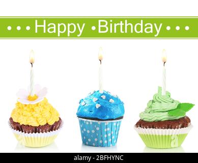 Collage aus köstlichen Cupcakes isoliert auf weiß Stockfoto