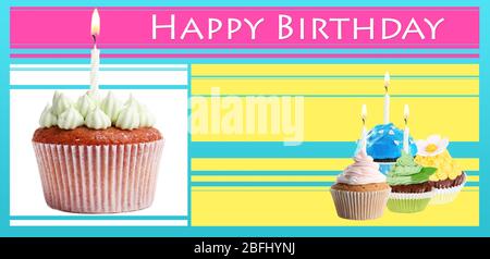 Collage aus köstlichen Cupcakes auf hellem Hintergrund Stockfoto