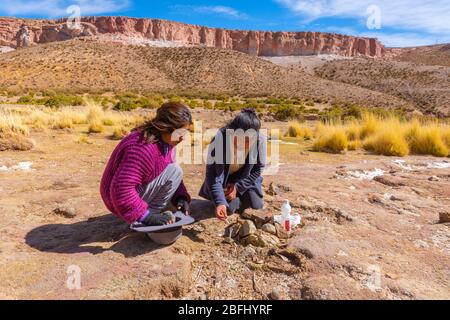 Pachamama-Feier mit Alkoholzigaretten und Coca-Blättern vor dem Picknick im Freien, Susques, Department Jujuy, Argentinien, Lateinamerika Stockfoto