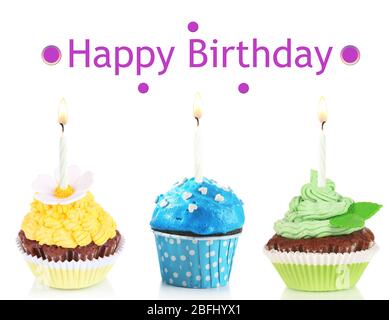 Collage aus köstlichen Cupcakes isoliert auf weiß Stockfoto