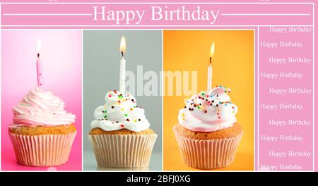 Collage aus köstlichen Cupcakes auf hellem Hintergrund Stockfoto