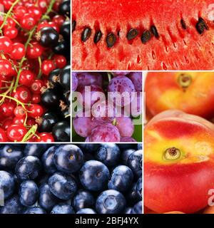 Früchte und Beeren in farbenfroher Collage Stockfoto