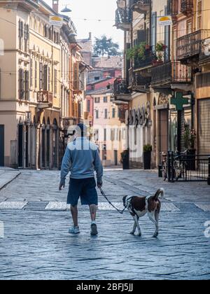 Cremona, Lombardei, Italien - 19. April 2020 - Hundespaziergehen, Alltag während des Ausbruchs der Sperre von Covid-19 Stockfoto