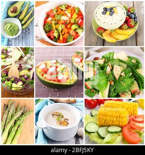 Gesunde Gerichte und Produkte in Collage Stockfoto