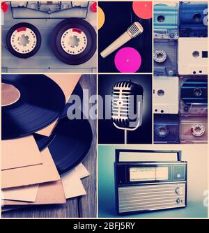 Schallplatten, Audiokassetten, Mikrofon und Radio in Collage Stockfoto