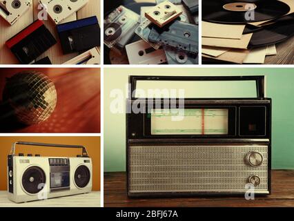 Schallplatten, Audiokassetten, Mikrofon, Tonbandgerät und Radio in Collage Stockfoto