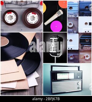 Schallplatten, Audiokassetten, Mikrofon und Radio in Collage Stockfoto