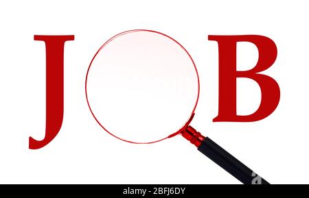 Word Job mit Lupe isoliert auf weiß Stockfoto