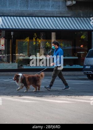 Cremona, Lombardei, Italien - 19. April 2020 - Hundespaziergehen, Alltag während des Ausbruchs der Sperre von Covid-19 Stockfoto