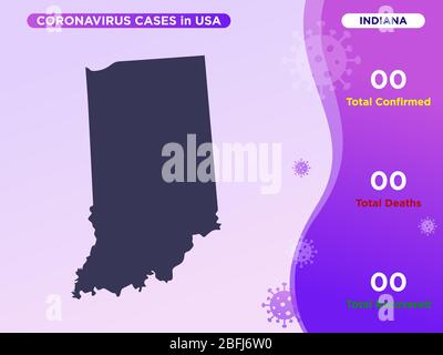 Indiana Map Covid-19, Corona Virus Infografik Vektorvorlage. Stockfoto