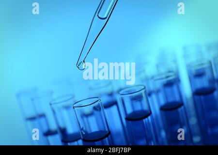 Pipette, die Flüssigkeit auf einem der Reagenzgläser auf blauem Hintergrund aufgibt Stockfoto