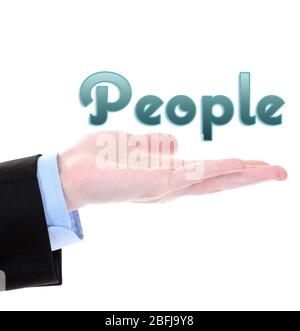 Männliche Hand mit Wort Menschen isoliert auf weiß Stockfoto