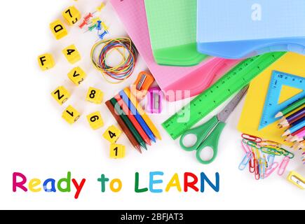 Schulmaterial, isoliert auf weiss Stockfoto