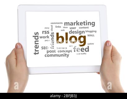 Word Cloud in Tablet. Blog-Konzept Stockfoto