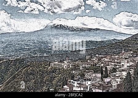 Blick auf die Stadt Taormina und den Ätna. Taormina liegt an der Ostküste Siziliens, am Fuße des Monte Tauro, Sizilien, Italien, Europa Stockfoto