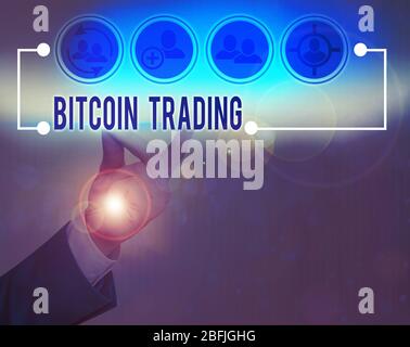 Hinweis zum Bitcoin Trading. Geschäftskonzept für den Kauf und Verkauf von Kryptokurrency auf dem Aktienmarkt Stockfoto