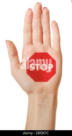 Weibliche Hand mit Schild STOP isoliert auf weiß Stockfoto