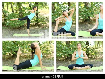 Collage aus jungen schönen Frau, die Yoga-Übungen im Park macht Stockfoto