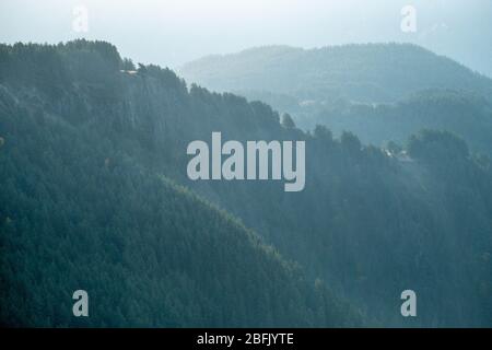 Kaukasus, Georgien, Tusheti Region, Omalo. Ein Berghang mit Wald wird von der aufgehenden Sonne in der Region Tusheti beleuchtet. Stockfoto