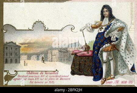 Portrait du roi Louis XIV (1638-1715) et du Chateau de Versailles (Portrait von König Ludwig XIV und Schloss von Versailles) Chromolithographie de la fin d Stockfoto