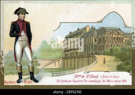 Portrait de Napoleon Ier (1769-1821) et le Chateau de saint-Cloud (Portrait von Napoleon I und Burg st Wolke) Chromolithographie de la fin du 19em Stockfoto