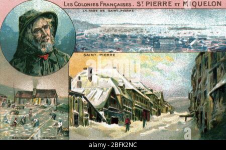 Empire Colonial francais : Colonies de Saint Pierre et Miquelon (Französisch Besitztümer und Kolonien : Saint Pierre et Miquelon) Chromolithographie de la Stockfoto