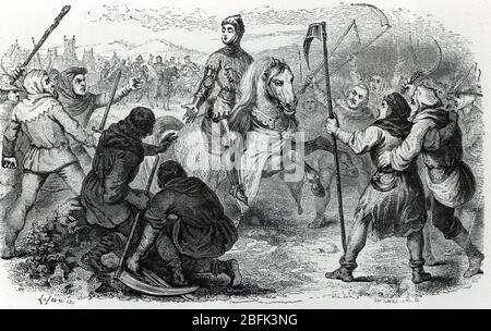 Revolte des paysans : Portrait de Richard II (1367-1400) parmi les paysans a Smithfield pour discuter de leurs revendications le 14 juin 1381 (Bauer Stockfoto