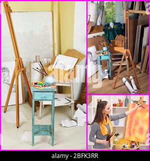 Collage aus Künstleratelier Stockfoto