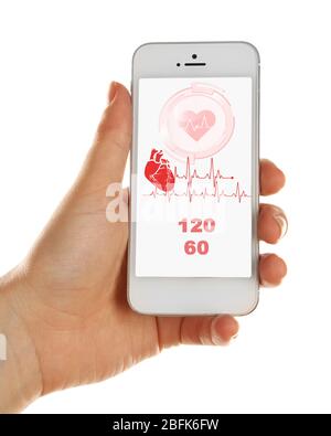 Hände halten Smartphone mit Gesundheitsbuch App auf dem Bildschirm. Stockfoto