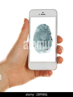 Fingerabdruck auf dem Bildschirm des Smartphones. Mobiles Sicherheitskonzept Stockfoto